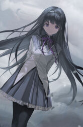 Rule 34 | 1girl, akemi homura, black hair, black hairband, black pantyhose, closed mouth, dutch angle, feet out of frame, frilled skirt, frills, grey background, hairband, highres, long hair, long sleeves, looking at viewer, mahou shoujo madoka magica, mahou shoujo madoka magica (anime), neck ribbon, ns404, pantyhose, pleated skirt, purple eyes, purple ribbon, ribbon, skirt, solo