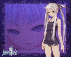 Rule 34 | 1girl, brown eyes, flat chest, houmei, legs, long hair, one-piece swimsuit, sega, shining (series), shining wind, solo, swimsuit, thighs, tony taka, wallpaper, white hair, zoom layer