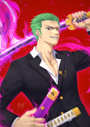 Rule 34 | 1boy, absurdres, arm up, black jacket, breast pocket, brown eyes, buttons, collarbone, collared shirt, commentary request, dress shirt, fire, flaming sword, flaming weapon, green hair, grin, highres, holding, holding sword, holding weapon, jacket, jian liang, katana, lapels, long sleeves, looking at viewer, male focus, one eye closed, one piece, open collar, pectoral cleavage, pectorals, pocket, purple fire, red background, roronoa zoro, scar, scar across eye, scar on chest, shirt, short hair, sideburns, signature, simple background, smile, solo, sword, teeth, triple wielding, upper body, v-shaped eyebrows, weapon, white shirt, wing collar