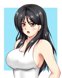 1girl bare_shoulders black_hair blue_background blush breasts brown_eyes cleavage fukiyose_seiri hair_between_eyes large_breasts long_hair medium_eyebrows monochrome_background open_mouth sideboob sidelocks solo tank_top toaru_majutsu_no_index upper_body white_tank_top wolkenritter_vita1