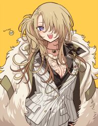Rule 34 | 1girl, black shirt, blonde hair, blush, breasts, chain, chest tattoo, cleavage, coat, commentary request, emoji, english text, formal, fur coat, genderswap, genderswap (mtf), hair over one eye, highres, jewelry, large breasts, long hair, looking at viewer, luca kaneshiro, luca kaneshiro (1st costume), lucy kaneshiro, meremero, necklace, nijisanji, nijisanji en, open mouth, pinstripe pattern, pinstripe suit, pleading face emoji, purple eyes, shirt, side ponytail, sidelocks, simple background, smile, solo, striped, suit, tattoo, teeth, upper body, upper teeth only, virtual youtuber, white suit, yellow background