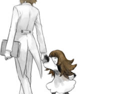 Rule 34 | 1boy, 1girl, ^ ^, ^o^, bad id, bad pixiv id, brother and sister, child, closed eyes, deemo, deemo (character), formal, girl (deemo), happy, height difference, hk (nt), holding hands, long sleeves, personification, siblings, simple background, spoilers, suit, uniform, walking, white background