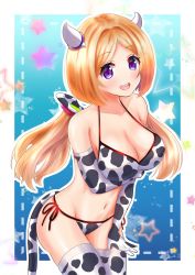 Rule 34 | 1girl, absurdres, aki rosenthal, alternate breast size, animal print, bikini, blonde hair, blush, bob cut, breasts, cleavage, commentary request, cow print, detached hair, elbow gloves, fake horns, fake tail, gloves, headgear, highres, hololive, horns, large breasts, long hair, low twintails, open mouth, parted bangs, purple eyes, short hair, smile, solo, swimsuit, tail, thighhighs, twintails, urushinuri, virtual youtuber