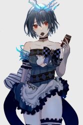 Rule 34 | 1girl, akitama2727, alice (sinoalice), apron, blue dress, blue gloves, blue hair, blue leggings, breasts, candy, chocolate, chocolate bar, choker, cleavage, dress, eating, elbow gloves, food, food in mouth, gloves, grey background, hair between eyes, headband, holding, holding chocolate, holding food, leggings, looking at viewer, red eyes, simple background, sinoalice