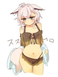Rule 34 | 1girl, ahoge, animal ears, arknights, bare shoulders, bikini, black bikini, blue eyes, blush, character name, cowboy shot, cropped legs, ears down, flat chest, fox ears, fox girl, fox tail, navel, official alternate costume, pink hair, short hair, simple background, solo, sussurro (arknights), sussurro (summer flower) (arknights), sweatdrop, swimsuit, tail, ub orca, white background