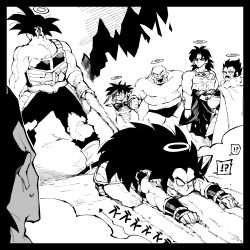 ! !? 6+boys ? armor bald bandaged_chest bandana bardock black_border border bracer broken_armor broly_(dragon_ball_z) commentary_request dragging dragon_ball dragonball_z facial_hair father_and_son halo haseko123 long_hair male_focus missing_eye monkey_boy monkey_tail monochrome multiple_boys muscular muscular_male mustache nappa pants paragus_(dragon_ball_z) parent_and_child puffy_cheeks pulling_tail raditz saiyan saiyan_armor scar scar_across_eye short_hair speech_bubble spiked_hair spoken_exclamation_mark spoken_question_mark sweatdrop tail tail_around_waist toma_(dragon_ball) topless_male torn_clothes torn_pants tullece wide-eyed widow&#039;s_peak