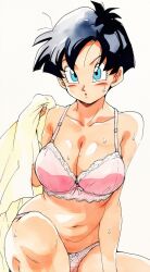 1girl :o black_hair blue_eyes blush bow bra breasts cleavage collarbone dragon_ball dragonball_z highres jei_games large_breasts looking_at_viewer navel panties pink_bra pink_panties short_hair simple_background sitting solo sweat thighs tomboy towel underwear underwear_only videl white_background