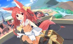 Rule 34 | 1girl, :d, animal ears, ascot, bare arms, blue sky, blush, bow, briefcase, brown dress, building, church, city, cloud, commentary request, day, dress, dutch angle, fang, field, fox ears, fox girl, fox tail, hair ribbon, holding, holding briefcase, house, kushida you, lake, landscape, long hair, looking at viewer, mountain, open mouth, original, outdoors, red eyes, red hair, ribbon, river, sailor collar, sailor dress, sky, sleeveless, sleeveless dress, smile, solo, standing, suitcase, tail, white bow, white ribbon, white sailor collar, yellow ascot, yellow ribbon