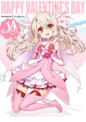 Rule 34 | 1girl, :d, blonde hair, boots, box, breasts, cape, commentary, cross, dated, dress, elbow gloves, english commentary, english text, fate/kaleid liner prisma illya, fate (series), full body, gloves, hair between eyes, hair ornament, hair spread out, happy valentine, heart, heart-shaped box, hong (white spider), illyasviel von einzbern, long hair, looking at viewer, magical girl, making-of available, open mouth, pink dress, pink footwear, pink gloves, prisma illya, red eyes, sleeveless, sleeveless dress, smile, solo, spoken heart, thigh boots, thighhighs, two side up, valentine, white gloves