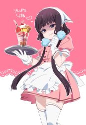 Rule 34 | 1girl, :d, apron, blend s, blunt bangs, cherry, dress, food, frilled apron, frills, fruit, gloves, half-closed eyes, heart, highres, hirayama kanna, ice cream, low twintails, maid, open mouth, plate, puffy short sleeves, puffy sleeves, purple eyes, purple hair, sakuranomiya maika, shaded face, short sleeves, smile, solo, strawberry, text focus, thighhighs, twintails, waitress
