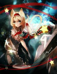 Rule 34 | 1girl, alice margatroid, animal ears, arm up, blonde hair, blue dress, blue eyes, capelet, cat ears, cat tail, character name, dress, hairband, kemonomimi mode, lolita hairband, looking at viewer, necktie, no-kan, pout, puffy sleeves, ribbon, shash, short hair, short sleeves, solo, star (symbol), tail, text focus, touhou, wrist cuffs