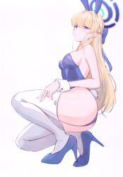 Rule 34 | 1girl, animal ears, ass, blonde hair, blue archive, blue eyes, blue footwear, blue halo, blue leotard, blush, breasts, closed mouth, fake animal ears, full body, halo, high heels, highres, leotard, long hair, medium breasts, mtoan, official alternate costume, rabbit ears, simple background, solo, strapless, strapless leotard, thighhighs, toki (blue archive), toki (bunny) (blue archive), white background, white thighhighs, wrist cuffs