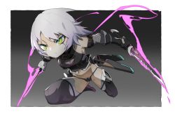 Rule 34 | 1girl, bandaged arm, bandaged hand, bandages, black gloves, blue pupils, breasts, cleavage, cleavage cutout, closed mouth, clothing cutout, dagger, dual wielding, fate/grand order, fate (series), gloves, glowing, glowing weapon, gradient background, green eyes, grey hair, highres, holding, holding dagger, holding knife, holding weapon, jack the ripper (fate/apocrypha), knife, lamian (pixiv415608), navel, scar, scar across eye, scar on face, scarecrow, sheath, sheathed, short hair, single glove, solo, thighhighs, unsheathed, weapon