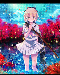 Rule 34 | 1girl, arm at side, blonde hair, blush, checkered background, falling leaves, fate/grand order, fate (series), flower, hair between eyes, hair ribbon, holding, holding weapon, ikegami akane, leaf, light particles, looking at viewer, okita souji (fate), okita souji (koha-ace), open mouth, parted lips, red flower, ribbon, school uniform, serafuku, shirt, short hair, skirt, solo, standing, standing on liquid, sword, thighs, water, weapon, white shirt, white skirt, wind, wind lift, yellow eyes