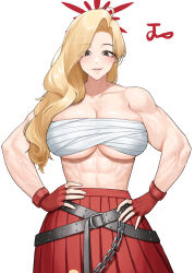 1girl abs akemi_(blue_archive) belt biceps black_belt black_eyes blonde_hair blue_archive breasts chain chest_sarashi cleavage commentary_request crossed_belts fingerless_gloves gloves hair_over_shoulder halo hands_on_own_hips highres korean_commentary large_breasts long_hair looking_at_viewer mole mole_under_eye muscular muscular_female noorung parted_lips pleated_skirt red_gloves red_halo red_skirt sarashi signature simple_background skirt smile solo teeth underboob veins veiny_arms white_background