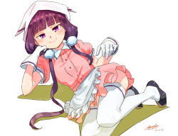 Rule 34 | 1girl, absurdres, apron, black footwear, blend s, blush, closed mouth, dress, gloves, head scarf, highres, long hair, looking at viewer, low twintails, lying, on side, pink dress, purple eyes, purple hair, ryusei hashida, sakuranomiya maika, shoes, simple background, smile, solo, stile uniform, thighhighs, twintails, very long hair, waist apron, white apron, white background, white gloves, white thighhighs