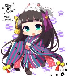Rule 34 | 1girl, :d, animal, animal on head, bell, black footwear, black hair, boots, bow, character name, commentary request, copyright name, green eyes, hair bow, japanese clothes, jingle bell, kimono, long hair, long sleeves, looking at viewer, marimari (show by rock!!), obi, on head, open mouth, purple bow, rensei, sash, short eyebrows, show by rock!!, sleeves past wrists, smile, solo, standing, standing on one leg, striped clothes, striped kimono, thick eyebrows, vertical-striped clothes, vertical-striped kimono, very long hair, wide sleeves, yagasuri, yellow bow