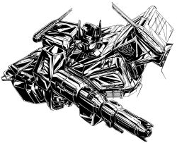 Rule 34 | autobot, commentary, english commentary, greyscale, gun, holding, holding gun, holding weapon, looking to the side, mecha, monochrome, no humans, optimus prime, reece b scott, robot, simple background, transformers, transformers: generation 1, upper body, weapon, white background