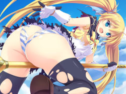 Rule 34 | 1girl, akatoki!, amata maki, ass, blonde hair, blue eyes, broom, broom riding, escude, game cg, gloves, kusakami akira, long hair, outdoors, panties, skirt, sky, solo, striped clothes, striped panties, tagme, tearing clothes, thighhighs, torn clothes, twintails, underwear