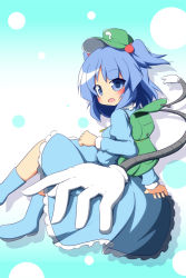 Rule 34 | 1girl, back, backpack, bag, blue eyes, blue hair, blush, boots, extra arms, female focus, hair bobbles, hair ornament, hat, kawashiro nitori, key, matching hair/eyes, mechanical arms, open mouth, senba chidori, short hair, skirt, solo, touhou, twintails, two side up
