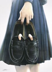 Rule 34 | 1girl, 1other, blue skirt, close-up, feet out of frame, fracoco, highres, holding, holding shoes, horror (theme), long sleeves, lower body, original, pleated skirt, shoes, signature, simple background, skirt, white background