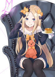 Rule 34 | 1girl, abigail williams (fate), absurdres, black bow, black dress, black thighhighs, blonde hair, blue eyes, bow, breasts, dress, fate/grand order, fate (series), food, forehead, hair bow, highres, long hair, multiple hair bows, off-shoulder dress, off shoulder, orange bow, pancake, parted bangs, plate, polka dot, polka dot bow, saku (kudrove), sitting, sleeves past fingers, sleeves past wrists, small breasts, stuffed animal, stuffed toy, teddy bear, thighhighs, thighs