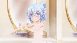 Rule 34 | 1girl, ahoge, animated, animated gif, back, bath, bathing, bathroom, blue eyes, blue hair, breasts, collarbone, completely nude, fa (rpg fudousan), flat chest, looking back, navel, nude, ponytail, rpg fudousan, simple background, soap, soap bubbles, stomach