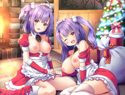 Rule 34 | 2girls, ahoge, ankle boots, apron, asa no ha (awayuki), black panties, black ribbon, blush, boots, box, branch, breasts, breasts apart, breasts out, carpet, christmas, christmas lights, christmas ornaments, christmas tree, clothes pull, detached collar, dot nose, elbow gloves, fingers together, fireplace, frilled apron, frilled hairband, frills, gift, gift box, gloves, hairband, half gloves, high heel boots, high heels, highres, indoors, large breasts, lens flare, long hair, lying, maid, medium breasts, medium hair, merry christmas, multiple girls, neck ribbon, nipples, no bra, off shoulder, on floor, on side, one eye closed, open clothes, open mouth, open shirt, original, panties, purple hair, ribbon, sack, shiny skin, shirt pull, short sleeves, shrug (clothing), side ponytail, sitting, teeth, thighhighs, thong, tile floor, tiles, tree, underwear, upper teeth only, wariza, white apron, window, yellow eyes