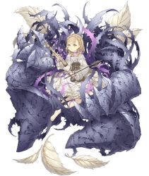 Rule 34 | 1girl, barefoot, blonde hair, briar rose (sinoalice), dress, flute, frilled dress, frills, full body, instrument, ji no, leaf, looking at object, official art, sinoalice, sitting, solo, tattoo, thorns, transparent background, white dress, yellow eyes