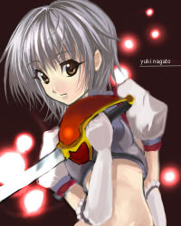 Rule 34 | 00s, 1girl, alternate costume, armor, breastplate, character name, closed mouth, crop top, eyebrows, gloves, glowing, grey hair, holding, holding sword, holding weapon, kitiroku, looking at viewer, lowres, midriff, nagato yuki, puffy short sleeves, puffy sleeves, short hair, short sleeves, solo, suzumiya haruhi no yuuutsu, sword, upper body, weapon, white gloves, yellow eyes