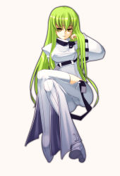 Rule 34 | 00s, 1girl, boots, breasts, c.c., code geass, coffee cat, covered erect nipples, green hair, large breasts, long hair, simple background, solo, thigh boots, thighhighs, yellow eyes