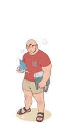 Rule 34 | 1boy, absurdres, atian (youtiange), backpack, bag, bald, bara, beard stubble, carrying, carrying under arm, closed eyes, facial hair, fanning self, full body, highres, hot, ji peng gou you, large pectorals, male focus, mature male, muscular, muscular male, open mouth, pectorals, red shirt, shirt, short hair, short shorts, shorts, solo, standing, stubble, sweat, thick thighs, thighs, white background, youtian (youtiange)