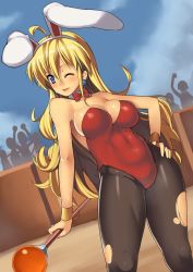 Rule 34 | 1girl, animal ears, bad id, bad pixiv id, blonde hair, blue eyes, bracelet, chunsoft, dragon quest, dragon quest iv, earrings, enix, fake animal ears, hand on own hip, hip focus, jewelry, leotard, nagase haruhito, one eye closed, pantyhose, playboy bunny, rabbit ears, solo, staff, torn clothes, torn pantyhose, vivian (dq4), wink