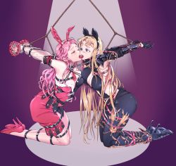 Rule 34 | 2girls, animal ears, anyway (amteun), arms behind back, bad id, bad pixiv id, bdsm, belt, black gloves, black legwear, blonde hair, blue eyes, blush, bondage, bondage outfit, bound, braid, breasts, chain, collar, dress, fake animal ears, forced kiss, french kiss, gloves, grabbing, grabbing another&#039;s breast, hairband, high heels, highres, jewelry, kiss, kneeling, leg belt, leotard, looking at another, multiple girls, necklace, open clothes, open mouth, original, pantyhose, piercing, pig ears, pink hair, playboy bunny, rabbit ears, skirt, slave, smile, symbol-shaped pupils, thighhighs, tongue, tongue grab, tongue out, torn clothes, torn legwear, yuri