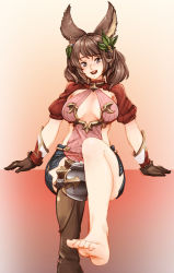 Rule 34 | 10s, 1girl, :d, animal ears, barbariank, barefoot, black eyes, blush, boots, breasts, breasts apart, brown hair, cleavage, erune, feet, gloves, granblue fantasy, grey eyes, hair ornament, highres, la coiffe (granblue fantasy), leaf hair ornament, legs, long hair, looking at viewer, medium breasts, miniskirt, open mouth, puffy sleeves, shoes, short sleeves, single boot, single shoe, sitting, skirt, smile, solo, thighhighs