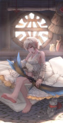 Rule 34 | 1girl, absurdres, barefoot, bed, bow (weapon), breasts, cat, cleavage, copyright request, dress, earrings, feet, highres, jewelry, large breasts, crossed legs, pillow, red eyes, short hair, solo, toes, weapon, white hair, window, yukineko