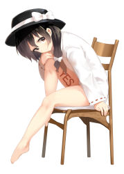 Rule 34 | 1girl, bare legs, barefoot, black hair, black hat, blush, body writing, bottomless, bow, brown eyes, chair, commentary request, full body, hair bow, hat, hat bow, highres, hota, hugging own legs, long sleeves, looking at viewer, no pants, ribbon-trimmed sleeves, ribbon trim, shirt, short hair, sitting, smile, solo, touhou, usami renko, white background, white shirt, yes
