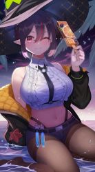 Rule 34 | 1girl, ;), absurdres, amahara subaru, arm support, bare shoulders, black hair, black hat, black jacket, blush, breasts, brown pantyhose, chest harness, crop top, fang, fang out, female focus, food, hand up, harness, hat, highres, holding, holding food, indie virtual youtuber, isonade orca, jacket, large breasts, long sleeves, looking at viewer, midriff, multicolored hair, navel, no shoes, off shoulder, one eye closed, open clothes, open jacket, outdoors, palm leaf, pantyhose, pointy ears, popsicle, puffy long sleeves, puffy sleeves, red eyes, red hair, shirt, short hair, short shorts, shorts, sidelocks, sitting, skin fang, smile, solo, streaked hair, test tube, thighband pantyhose, virtual youtuber, water, wet, wet hair, white shirt, witch hat