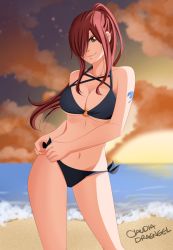 Rule 34 | &gt;:), 1girl, artist name, beach, bikini, breasts, brown eyes, claudia dragneel, cleavage, colorized, cowboy shot, erza scarlet, fairy tail, hair over one eye, highres, large breasts, long hair, looking at viewer, mashima hiro, navel, ocean, ponytail, red hair, side-tie bikini bottom, sky, smile, smirk, solo, sun, swimsuit, tattoo, twilight, underboob, v-shaped eyebrows