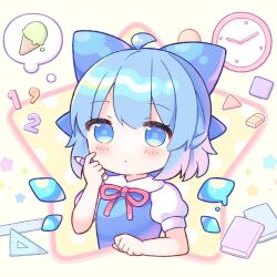 Rule 34 | 1girl, ahoge, blue bow, blue dress, blue eyes, blue hair, blush, bow, cirno, clock, closed mouth, coa (chroo x), detached wings, dress, eraser, fairy, food, hair bow, highres, ice, ice cream, ice wings, imagining, ruler, shirt, short hair, short sleeves, solo, touhou, upper body, white shirt, wings