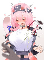 Rule 34 | 1boy, 1girl, absurdres, anger vein, animal ears, arknights, black hairband, blue ribbon, blush, bouncing breasts, braid, breasts, cat ears, cat girl, cat tail, closed eyes, goldenglow (arknights), hair ribbon, hairband, heavy breathing, highres, jacket, large breasts, lightning bolt print, long hair, long sleeves, motion blur, motion lines, open clothes, open jacket, open mouth, pcaccount13, pink hair, pink jacket, pov, ribbon, saliva, shirt, simple background, single braid, slapping breasts, solo focus, tail, trembling, white background, white shirt