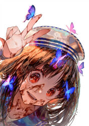 Rule 34 | 1girl, blood, blood on chest, blood on face, blood on hands, brown hair, bug, butterfly, collarbone, diyokama, dutch text, glitch, hat, highres, insect, looking at viewer, md5 mismatch, open mouth, original, portrait, red eyes, resolution mismatch, sailor collar, sailor hat, school uniform, smile, source smaller, teeth, v