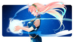 Rule 34 | 1girl, armband, atom, closed eyes, from side, headset, holding, long hair, megurine luka, open mouth, pink hair, skirt, sky, smile, solo, star (sky), starry sky, tattoo, u-min, vest, vocaloid