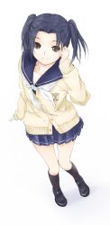 Rule 34 | 1girl, cardigan, from above, kobayakawa rinko, kuuyuu, love plus, school uniform, serafuku, simple background, solo, twintails