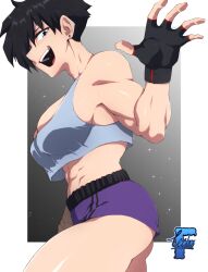 Rule 34 | 1girl, abs, black hair, blue eyes, breasts, dragon ball, female focus, gloves, gym shirt, gym shorts, gym uniform, highres, large breasts, looking at viewer, muscular, muscular arms, muscular female, ornament, shirt, short hair, shorts, smile, solo, thick thighs, thighs, videl