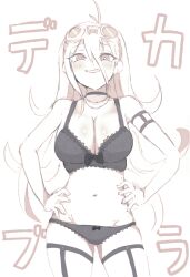 1girl antenna_hair bababaeki00 barbed_wire black_bra black_choker black_panties blush bra breasts choker cleavage cowboy_shot danganronpa_(series) danganronpa_v3:_killing_harmony goggles goggles_on_head grin hair_between_eyes hands_on_own_hips highres iruma_miu large_breasts navel panties smile solo stomach teeth thigh_strap translation_request underwear