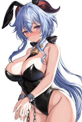 Rule 34 | 1girl, animal ears, bare shoulders, bell, black leotard, blue hair, blush, breasts, chain, cleavage, closed mouth, cowbell, detached collar, fake animal ears, ganyu (genshin impact), genshin impact, goat horns, groin, hair between eyes, highleg, highleg leotard, highres, horns, kagemi, large breasts, leotard, long hair, looking at viewer, neck bell, playboy bunny, purple eyes, rabbit ears, restrained, sidelocks, simple background, solo, strapless, strapless leotard, thighs, white background
