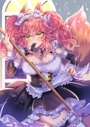 Rule 34 | 1girl, alternate costume, animal ear fluff, animal ears, apron, breasts, cleavage, dress, enmaided, fate/extella, fate/extra, fate (series), fox ears, fox girl, fox tail, holding, large breasts, looking at viewer, maid, maid apron, maid headdress, merichi (ogaomega), official alternate costume, pink hair, solo, tail, tamamo (fate), tamamo no mae (fate/extra), tamamo no mae (tailmaid strike) (fate), waist apron, white apron, yellow eyes