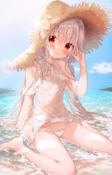 Rule 34 | 1girl, amedamacon, bare legs, bare shoulders, barefoot, blush, bow, bow panties, breasts, brown hat, commentary request, day, dress, frilled panties, frills, hair between eyes, hand up, hat, hat bow, highres, horizon, long hair, looking at viewer, ocean, original, outdoors, panties, parted lips, red eyes, silver hair, sitting, sleeveless, sleeveless dress, small breasts, solo, straw hat, underwear, very long hair, wariza, water, wet, wet clothes, wet dress, white bow, white dress, white panties