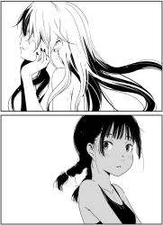 Rule 34 | 2girls, 2koma, bare shoulders, blush, braid, collarbone, comic, commentary request, freckles, greyscale, hattori mitsuru, head rest, kaijuu iro no shima, long hair, monochrome, multiple girls, nail polish, parted lips, profile, silent comic, swimsuit, twin braids, upper body, wet, white background